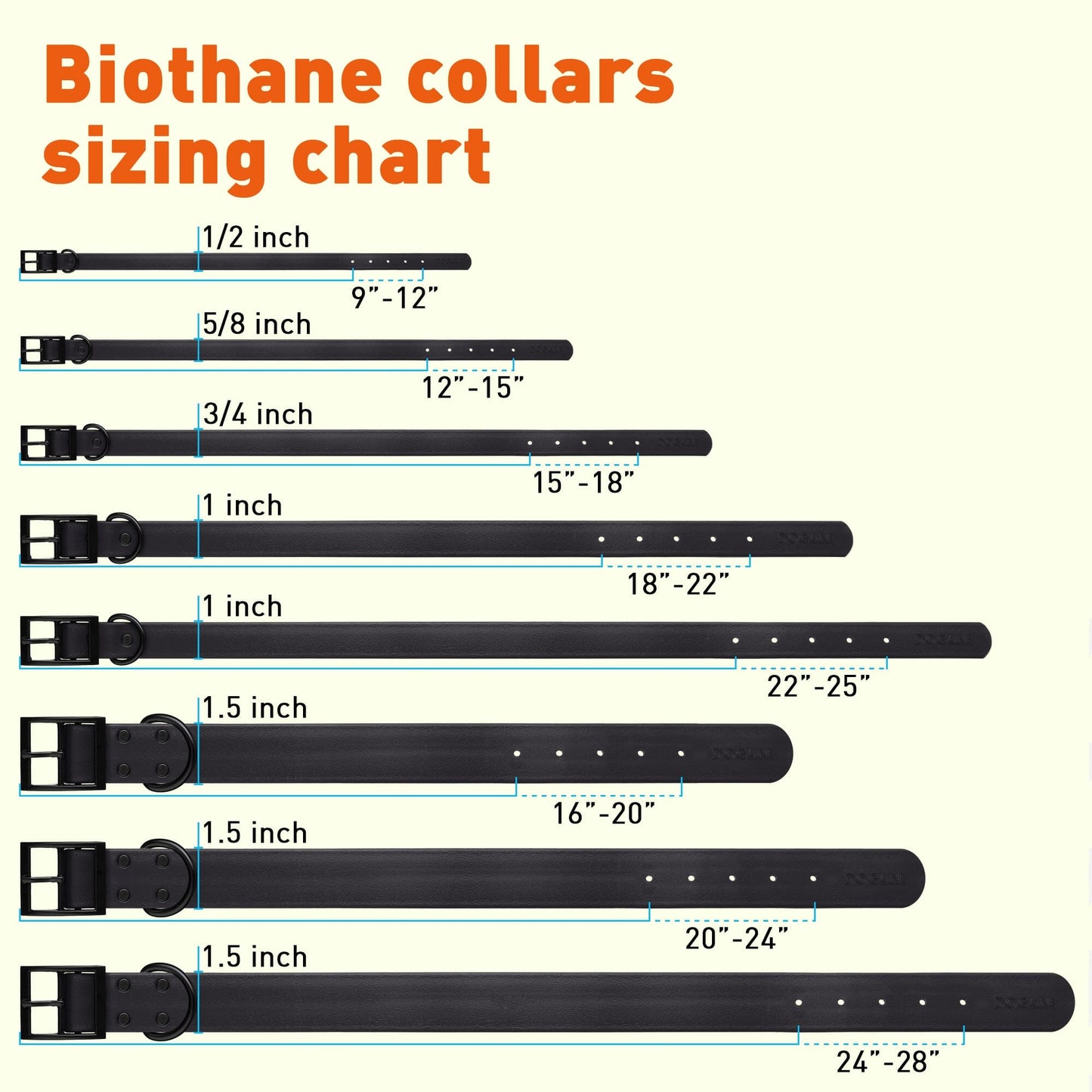 Dogline Biothane Waterproof Dog Collar with Black Hardware -  1.5" Wide, Size XXL (24 to 28 inches)