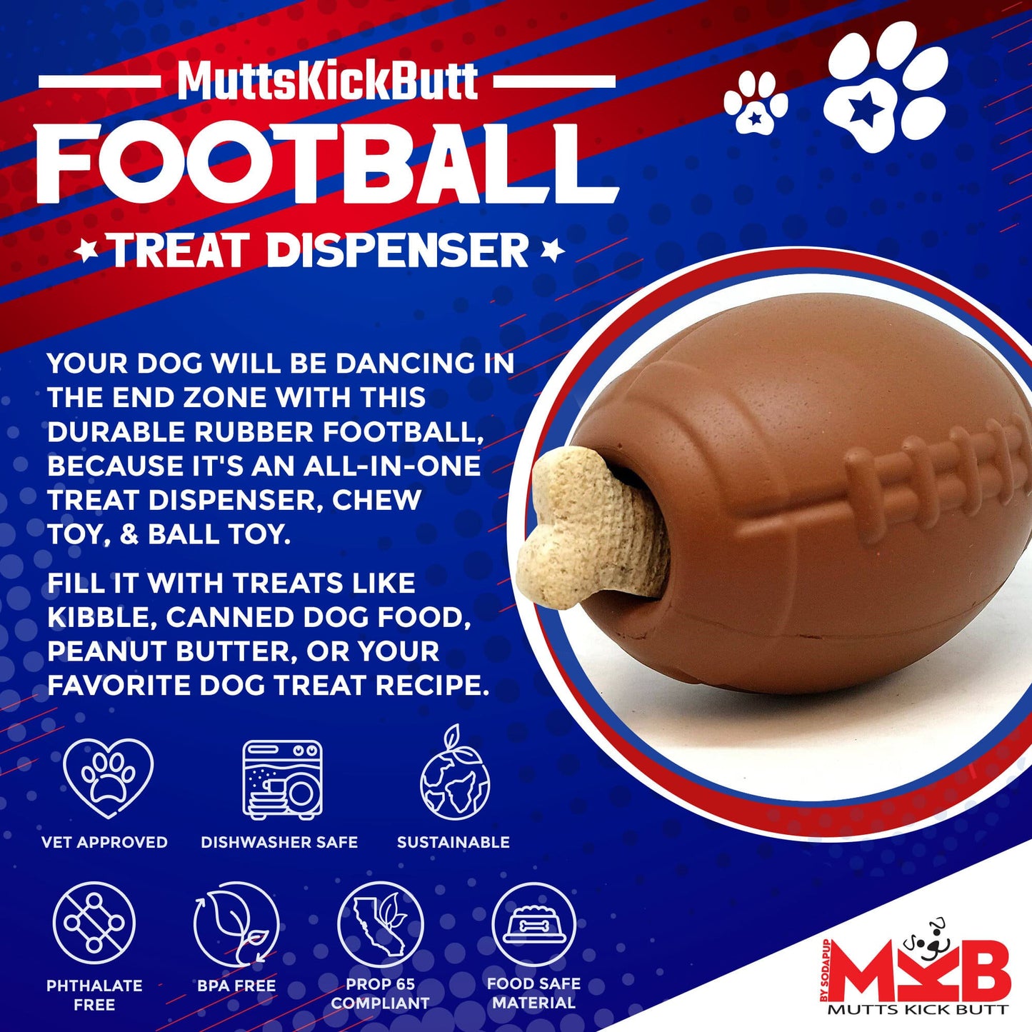 Football eDispenser Durable Rubber Chew Toy and Treat Dispenser