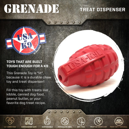 USA-K9 Grenade eDispenser Durable Rubber Chew Toy & Treat Dispenser - red