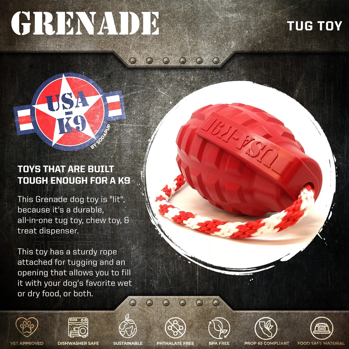 USA-K9 Grenade Durable Rubber Chew Toy, Treat Dispenser, Reward Toy, Tug Toy, and Retrieving Toy