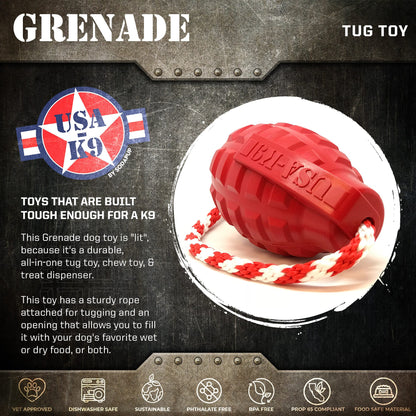 USA-K9 Grenade Durable Rubber Chew Toy, Treat Dispenser, Reward Toy, Tug Toy, and Retrieving Toy