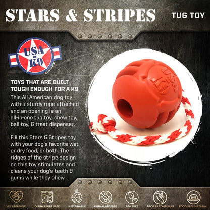 USA-K9 Stars and Stripes Ultra-Durable Durable Rubber Chew Toy, Reward Toy, Tug Toy, and Retrieving Toy - Red