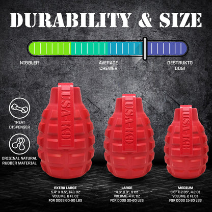 USA-K9 Grenade eDispenser Durable Rubber Chew Toy & Treat Dispenser - red