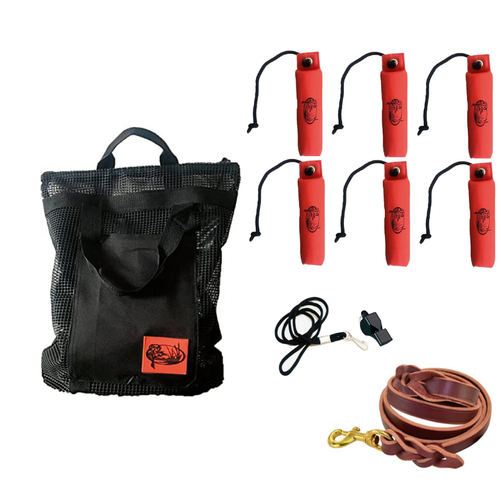 HuntEmUp Hunting Dog Essentials Training Kit -Large Canvas Orange Bumpers 6pc + Mesh Bumper Bag + Whistle & Lanyard + Braided Leather Leash