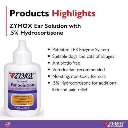 Zymox Ear Solution with 0.5% Hydrocortisone for Dogs & Cats (1.25 oz)