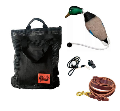 HuntEmUp Hunting Dog Essentials Training Kit - Mesh Bumper Storage Bag + Dead Fowl Mallard Dummy + Whistle & Lanyard + Braided Leather Leash