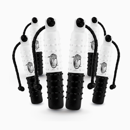 HuntEmUp Standard 2-Inch Black and White Flasher Dog Training Bumpers with Throw Rope and Air Valve – 6 Pack